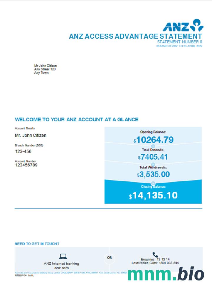Australia ANZ wyciąg bankowy łatwy do wypełnienia szablon w formacie Excel i PDF, 2 strony